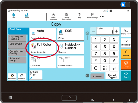 Kyocera TASKalfa touchpad showing Full Color Color Selection