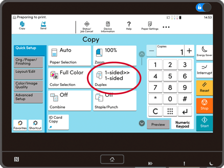 Kyocera TASKalfa touchpad showing Duplex option 1 sided to 1 sided