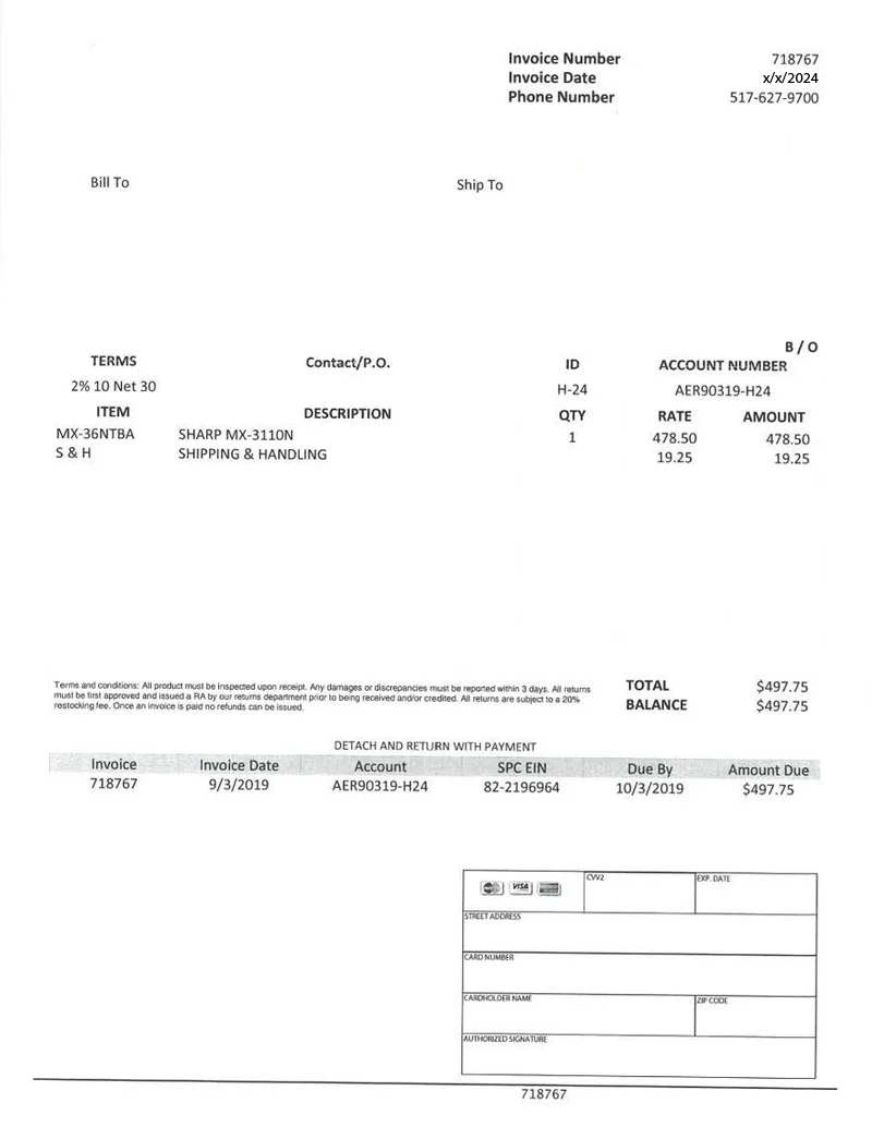 Scam mail about toner and printer ink costing $478.50 for a Sharp MX 3110N