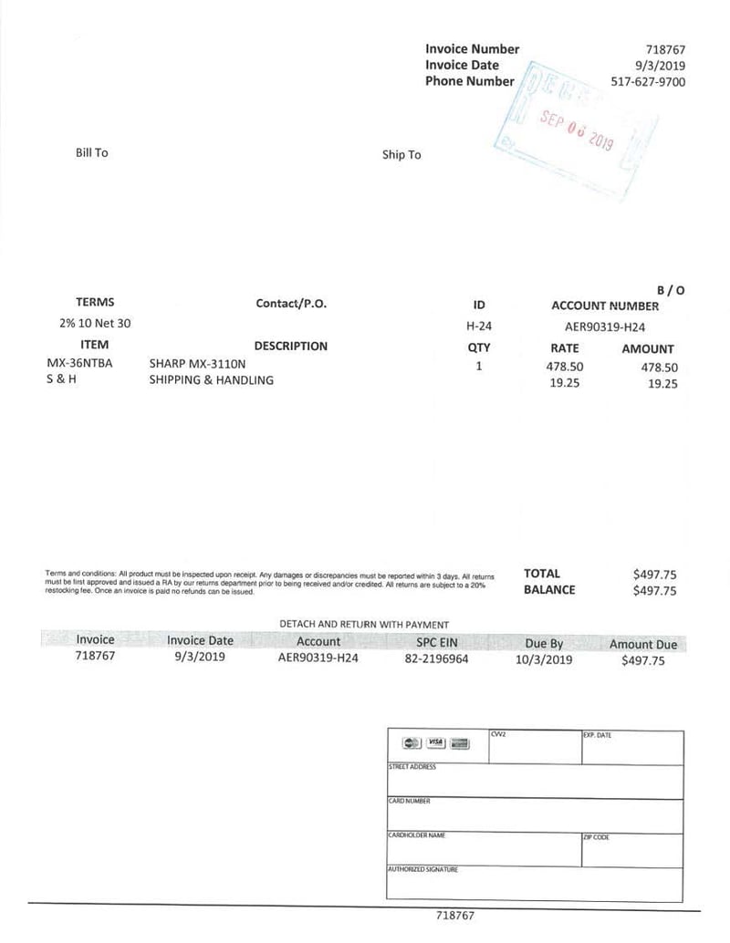 Toner Pirate Example Invoice - Scam Invoice for Sharp MX-3110N Toner for $478.50 and Shipping & Handling charge of $19.25, Dated 9/3/2019