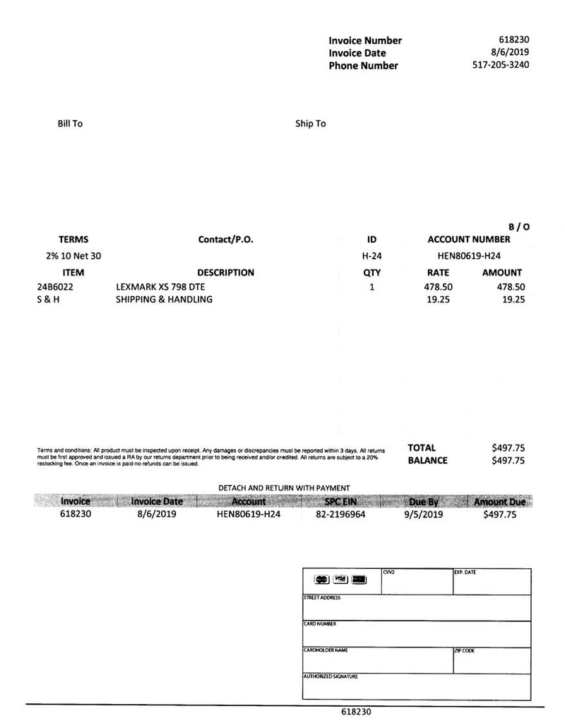 Toner Pirate Example Invoice 